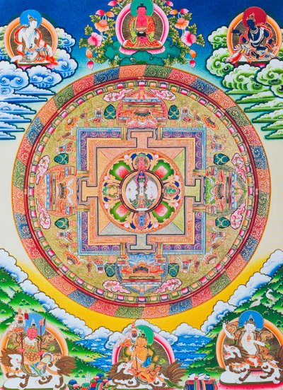 Mandala with one thousand arms Avalokiteshvara; the sacred, magical circle depicting the eleven headed Bodhisattva symbolising infinite compassion by School Nepalese