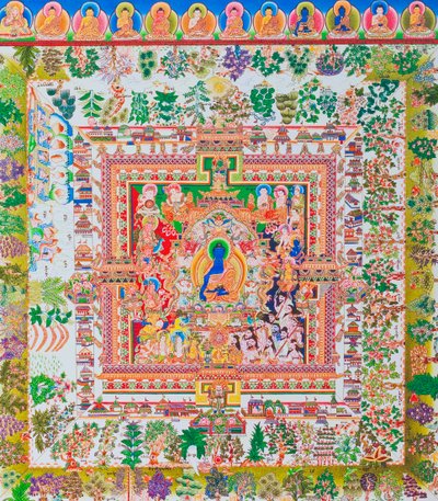 Medicine Buddha Mandala, the centre figure of Bhaisajyaguru represents the supreme healer in monastic robes with a bowl containing medicinal plants by School Nepalese