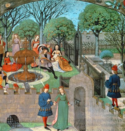 Garden scene, the lover and dame Oyseuse (Idleness) outside the garden walls, from the 