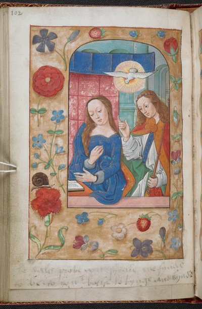The Annunciation. A border of flowers, fruit, birds, insects, etc., in perspective on a pale gold ground. An inscription (in Anne Boleyn