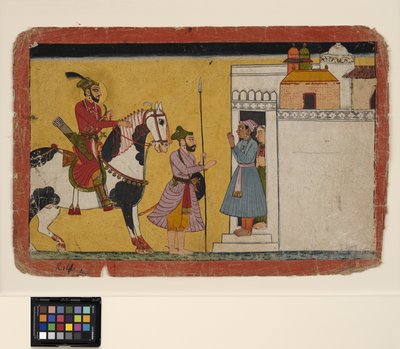 A prince hunting stops at the door of a home by School Pahari