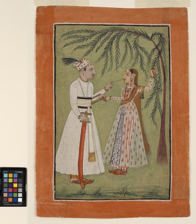 A Ruler Pulling a Lock of Hair of a Lady Who Holds on to a Tree by School Pahari