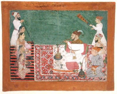 Rajah Deep Chand and Friends Smoking a Hookah, Bijapur by School Pahari
