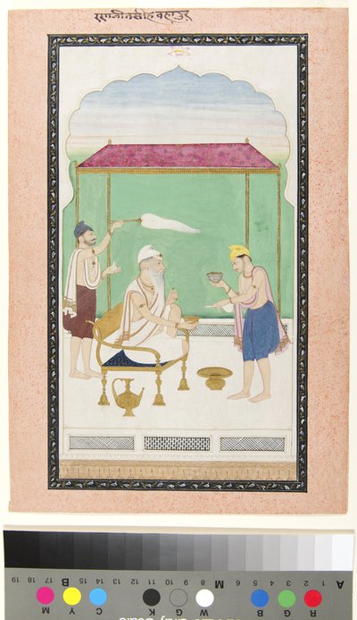 Ranjit Singh seated on a gold chair, attended by a morchal-bearer and served by School Pahari