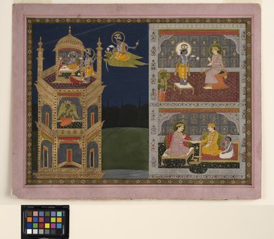 Vishnu Approaches a Golden Tower on Garuda, c.1825 by School Pahari