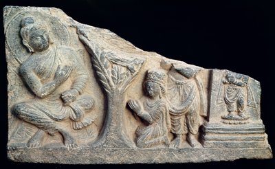 Detail of a relief frieze depicting a seated Buddha with orants, Greco-Buddhist style, from Taxila, Pakistan by School Pakistani