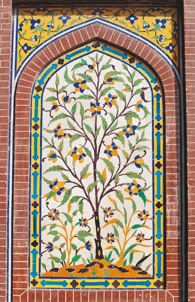 Flowering tree, Majolica decoration, Wazir Khan Mosque (17th century), Lahore, Punjab, Pakistan by School Pakistani
