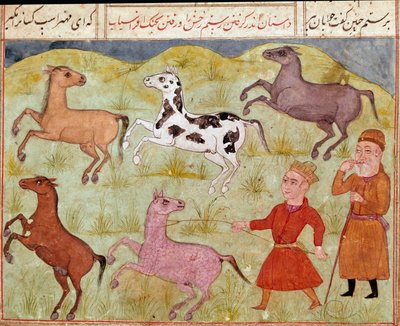 Islamic Art: A Lord and His Farm Boy Capture Wild Horses in Lasso by School Persian
