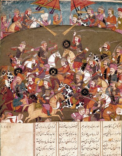 Islamic art: battle scene. Persian miniature from a manuscript of the epic poem 