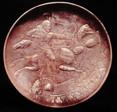 Plate depicting a royal soldier hunting lions, 6th-7th century by School Persian