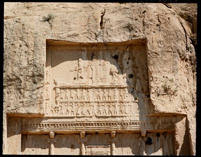 View of the Necropolis and the tomb of Darius I the Great with relief representing him honoring the sun by School Persian