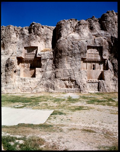 View of the Necropolis and the tombs belonging to Achaemenid kings, from left to right, Artaxerxes I Darius I the great by School Persian