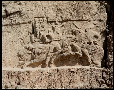 View of the Necropolis and the tombs belonging to Achaemenid kings, relief representing scenes of battle by School Persian
