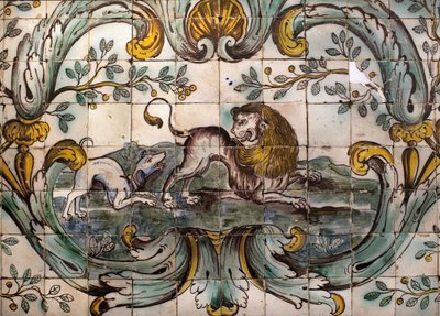 Dog threatening a lion (detail) by School Portuguese