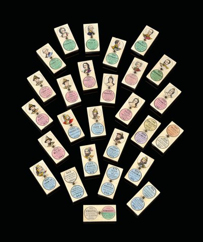 A set of twenty-seven ebony and bone dominoes depicting Russian Tsars and Tsarinas, c. 1850-1875 by School Russian