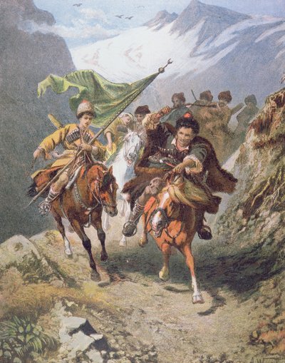 Cossacks of the Caucasus return from a raid on a settlement of Muslim cossacks with a captured crescent banner by School Russian
