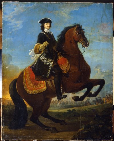 Equestrian Portrait of Peter I with a battle of the Great Northern War in the background by School Russian