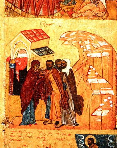 Icon depicting a scene from the Life of the Virgin, c.1550 (detail) by School Russian