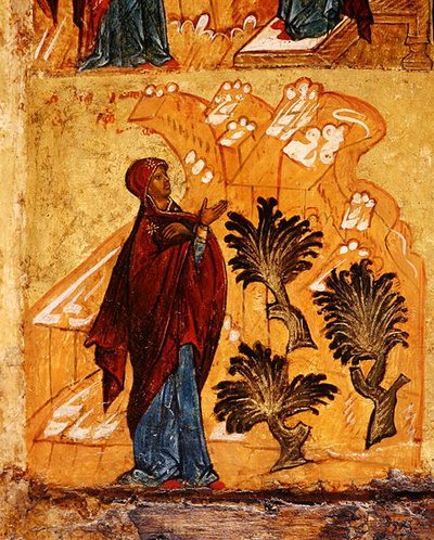 Icon depicting the Virgin praying in the wilderness (detail) by School Russian