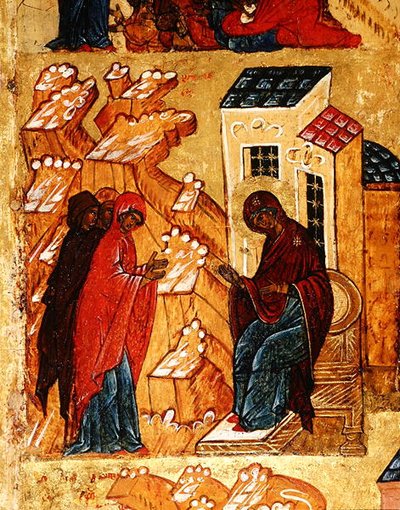 Icon depicting the Virgin selecting the most honoured colours of cloth (detail) by School Russian