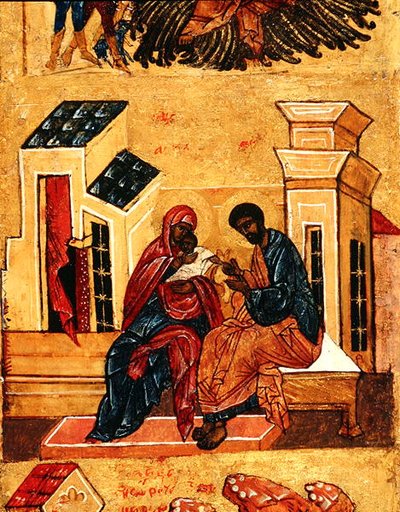Icon depicting the Virgin with her parents, Joachim and Anna, c.1550 (detail) by School Russian