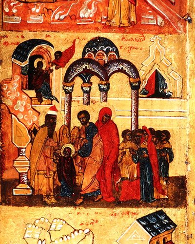 Icon depicting the infancy of the Virgin and her dedication to God (detail) by School Russian