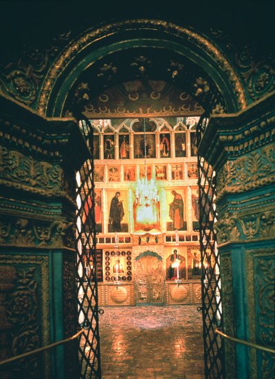 Interior with the Iconostasis in the Annunciation Cathedral in the Moscow Kremlin by School Russian