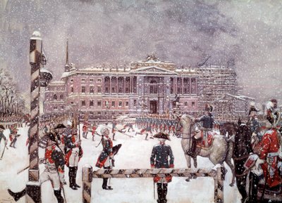 Military parade in front of the Mikhailovsk Palace in the presence of Paul I, Russian emperor by School Russian