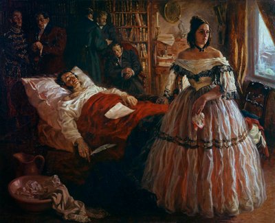 The Russian poet Alexander Pushkin on his deathbed surrounded by his wife Natalia Gontcharova, and his friends by School Russian