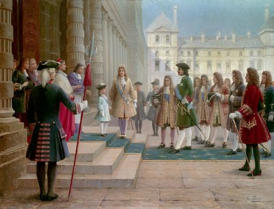 Tsar Peter the Great Welcomed by Louis XV as a Child in Versailles in 1717 by School Russian