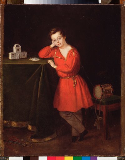 Boy with a Red Tunic in Front of a House of Cards by School Russian