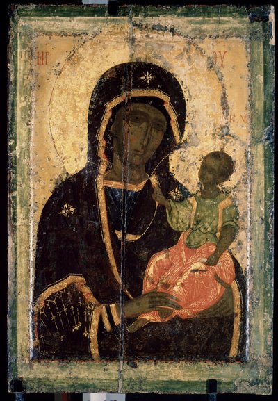 Virgin Hodegetria. Russian icon, painting on wood, circa 1360. State Tretyakov Gallery, Moscow by School Russian