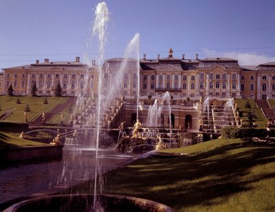 View of the large waterfall of the castle of Peterhof, realized under Peter the Great near Saint Petersburg, Russia by School Russian
