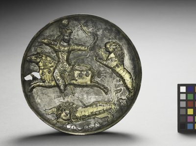 Dish: King Hormizd II or Hormizd III Hunting Lions by School Sasanian