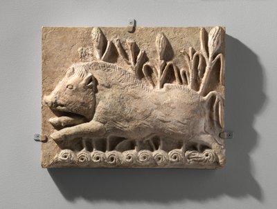 Wall panel with a charging boar, c.6th century AD by School Sasanian