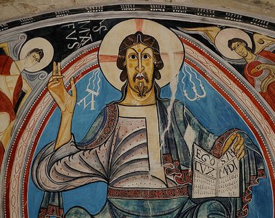 Christ in Majesty flanked by seraphim and symbols of the Evangelists, copy of 12th century original by School Spanish