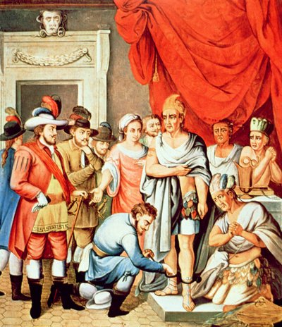 Hernan Cortes orders shackles to be put on the ankles of Montezuma by School Spanish