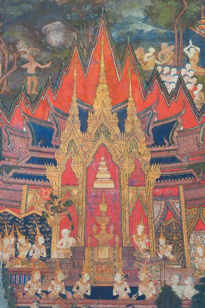 Murals in the Buddhaisawan chapel depicting Indra descending from the heavens soon after the cremation of the Buddha snatching the most valuable relic, a tooth hidden in the brahmin