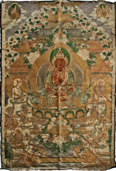 Amitabha (Buddha of the Pure Land) - Tibetan Painting, Pigments and Gold on Textile, End of 19th Century by School Tibetan