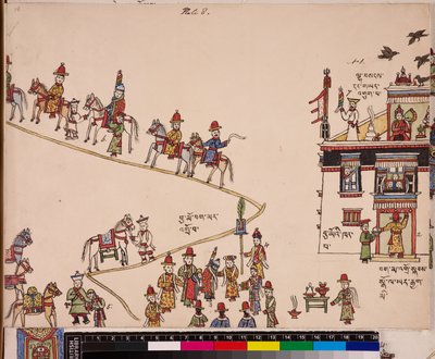 Illustration of a part of a wedding ceremony: the bride is picked up at her house by School Tibetan