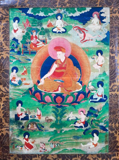 The Lama Rje-grags Rtod Iha-pa-pa-wang Graps with halo and encircled by numerous mahasiddha (yogis) by School Tibetan
