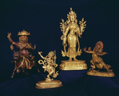 Tibetan figures: Vajravarahi dancing on a human corpse; figure of Padmapari; figure of Beg-tse; figure of Dam-can Dor-je Legs-pa riding a horse by School Tibetan
