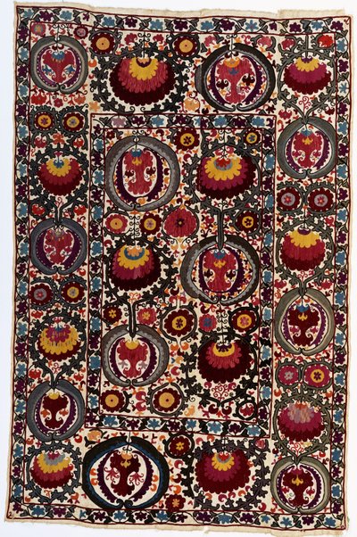 A Susani, the White Linen Ground Worked in Silks in Vibrant Shades, c.1900 by School Uzbek
