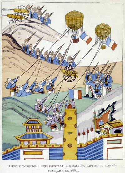 Tonkinese poster depicting the captive balloons of the French army in 1884 by School Vietnamese