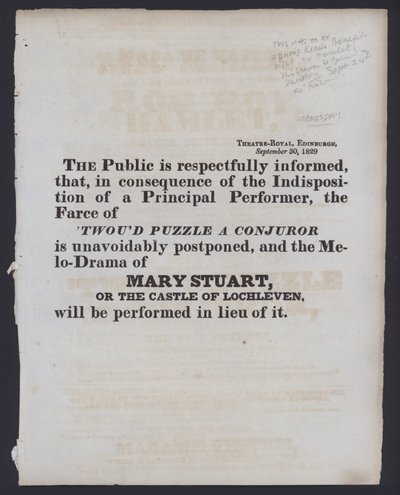Notice of a change to the billed performance at the Theatre Royal, Edinburgh, 30 September 1829 by Scottish School