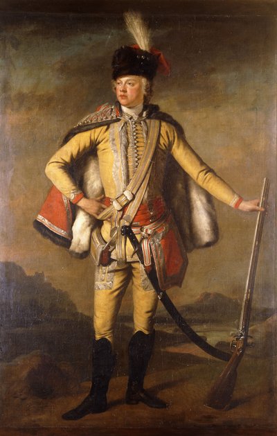 Portrait of John Lindsay, 20th Earl of Crawford and Lindsay, full length, in Hussar Uniform, holding a Flintlock Musket, a Landscape beyond by Scottish School