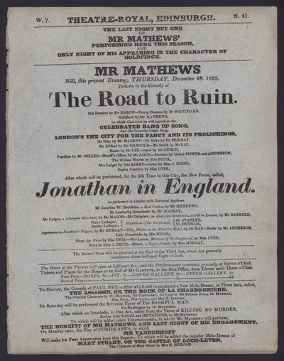 Theatre Programme for the Theatre Royal, Edinburgh, 29 December 1825 by Scottish School