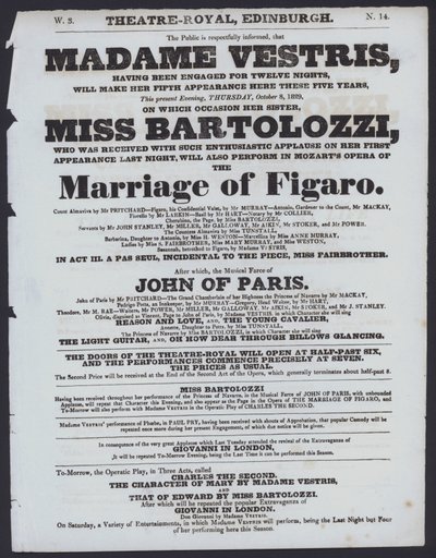 Theatre programme for the Theatre Royal, Edinburgh, 8 October 1829 by Scottish School
