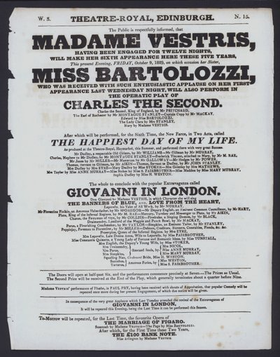 Theatre programme for the Theatre Royal, Edinburgh, 9 October 1829 by Scottish School