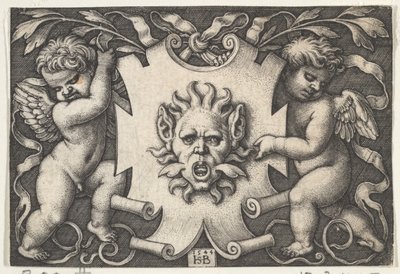 A Mask on an Escutcheon Supported by Two Genii by Sebald Beham